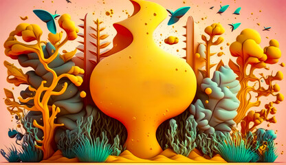 Wall Mural - Painting of yellow vase in the middle of field of plants