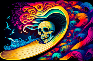 Wall Mural - Painting of skull on surfboard with wave in the background