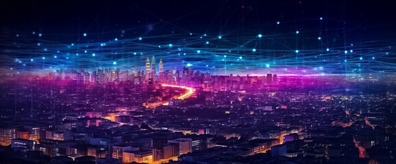 Wall Mural - a mesmerizing urban landscape where the future meets artistry. Vivid purple and pink tones create a striking ambiance, enhanced by a digital line network and web effect generative AI.