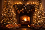 Fototapeta Nowy Jork - christmas tree, gifts and decorated fireplace with hanging socks, new year interior concept, generative AI