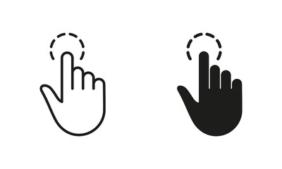 Poster - Touch Gesture, Hand Cursor for Computer Mouse Line and Silhouette Icon Set. Swipe, Click, Tap, Press, Point Sign Collection on White Background. Pointer Finger Pictogram. Isolated Vector Illustration