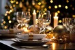 © Elen Nika - Christmas dinner table setting. Christmas home decoration. Generative AI