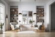 © Lasvu - Interior of a chic living area, office lounge, or home library with white walls, a wooden floor, two cozy armchairs, and a bookcase made of gray and wood. fake vertical poster frame. Generative AI