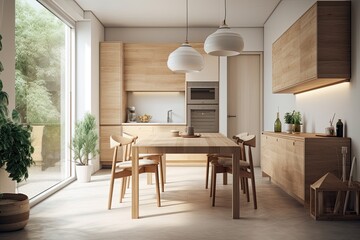 Interior kitchen corner with a dining table, long counter, and window in a white wall. wooden furnishings a mockup Toned picture. Generative AI