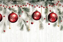 Christmas Decorations With Green Branches On White Background, Generative AI