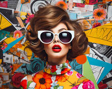 Portrait Of A Woman In White Sunglasses In A Colorful Floral Shirt And Background. Brunette Retro Lady In Dark Sunglasses With White Rims.  