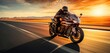 motorbike on the road riding. having fun driving the empty road on a motorcycle tour journey. copyspace for your individual text. Created with Generative AI technology.