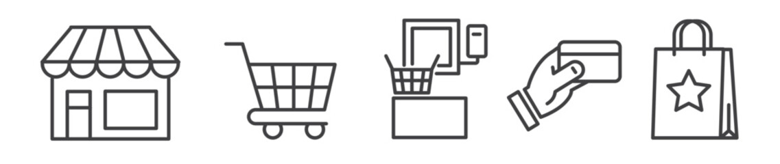 Wall Mural - Shopping icons set - retail, grocery and and cashless payment at the self-service checkout vector illustration thin line icon collection