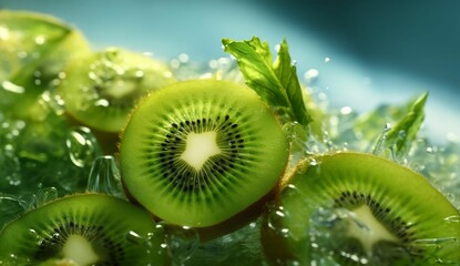 Sticker - AI generated illustration of sliced kiwi fruit pieces in ice cold water