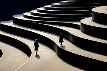 Canvas Print - Two silhouetted women walking along a terraced concrete urban structure. AI-generated.