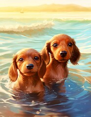 Sticker - AI generated illustration of two small dogs standing in shallow water