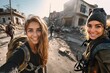 AI generated illustration of two female hikers taking a selfie in a war zone