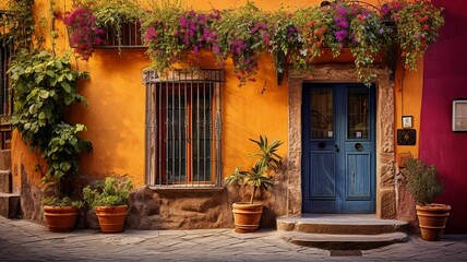 Canvas Print - Old Town Street View with Brightly Colored Buildings in San Miguel de Allende, Mexico