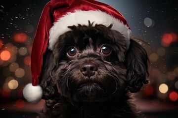 Sticker - Adorable black dog wearing a festive Santa hat is looking at the camera. AI-generated.