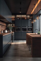 Sticker - Modern kitchen featuring sleek dark gray cabinets and countertops. AI-generated.