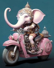 AI Generated Illustration Of A Pink Elephant On A Motorcycle