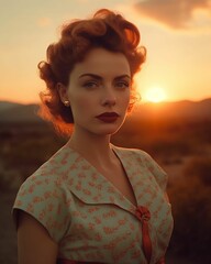 Canvas Print - AI-generated illustration of a young redhead woman standing in a field at sunset.