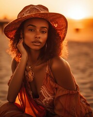 Sticker - AI generated illustration of a beautiful African American female posing on a beach at sunset