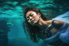 Underwater Whispers: Woman Shivering Amid Cloudscape Waves | Fashion And Fantasy Photography