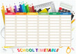 School Timetable vector template, timetable from Monday to Sunday on background with school office supplies.