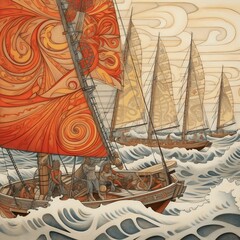 Wall Mural - AI generated illustration of a painting of three boats sailing on the ocean with big waves