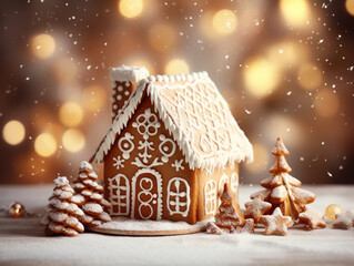 Wall Mural - Gingerbread house background. Homemade Christmas Gingerbread House on table over blurred bokeh background. Christmas background with boken lights. Happy new year and happy winter holidays concept