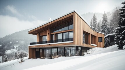 Poster - AI generated illustration of a house atop a hill blanketed with snow, surrounded by a lush forest