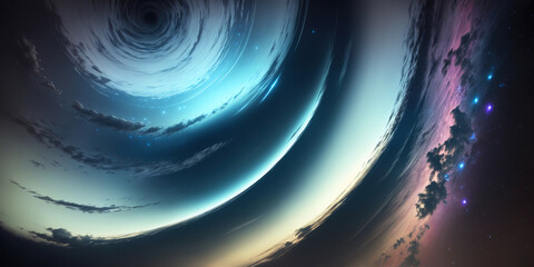 Poster - spiral galaxy with a vortex effect in the sky. a cosmic blend of light, stars, and energy in an abst