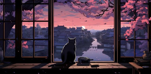 Wall Mural - ai generated illustration of a cat gazing out the window, with an orange and pink sunset