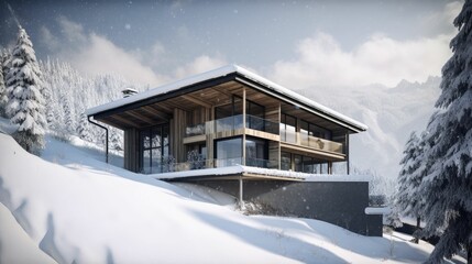 Wall Mural - AI generated illustration of a house atop a hill blanketed with snow, surrounded by a lush forest