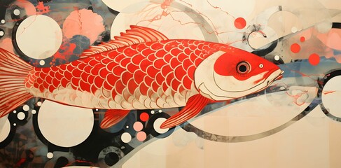 Poster - AI generated illustration of a Koi Fish set against a backdrop of flower