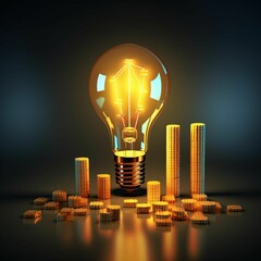 Wall Mural - ai generated illustration of a stack of coins surrounds a glowing light bulb on a dark surface