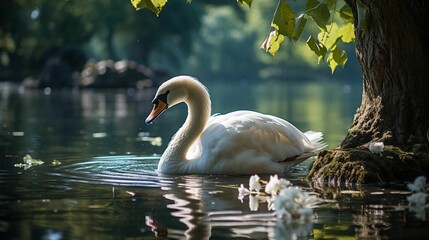 Poster - AI generated illustration of a majestic white swan gracefully gliding across the tranquil pond