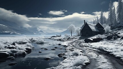 Canvas Print - Picturesque view of a small, wooden cabin in a snow-covered valley with a river. AI-generated.