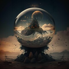 Poster - AI generated illustration of a glass sphere filled with water floating atop a sandy beach shoreline