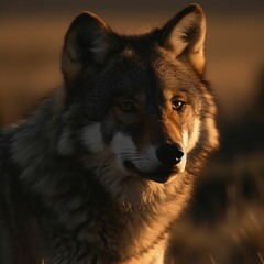 Sticker - AI generated illustration of a gray wolf in a natural outdoor setting at sunset