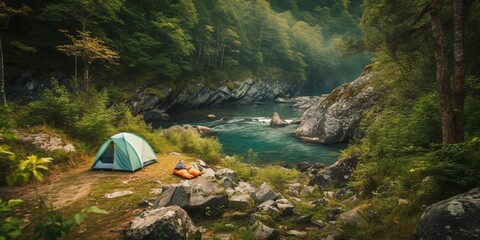 Poster - AI generated illustration of a camping tent situated against a backdrop of rugged mountains