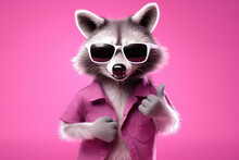 Portrait Of A Joyful Cool Raccoon Wearing Sunglasses And Human Clothing Shows A Thumbs Up Isolated On A Flat Pink Background. 3d Render Illustration Character Raccoon Mascot.