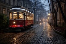 An old tramway gracefully moving down a charming cobblestone street, reflecting the historical elements of public transportation