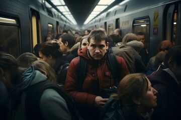 Wall Mural - Passengers briskly entering a train during the high-intensity rush hour, epitomizing the role of trains in public transportation