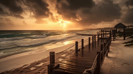 Poster - AI generated illustration of a picturesque wooden boardwalk stretching out to a dreamy beach