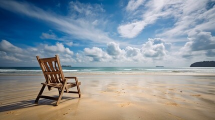 Poster - AI generated illustration of a white beach chair on a sandy beach in front of the ocean