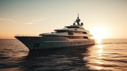 Wall Mural - ai generated illustration of white boat in the open ocean during a beautiful sunset
