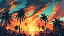 Idyllic Beach Scene With Tropical Palm Trees Silhouetted Against A Vivid Sunset, AI-generated.