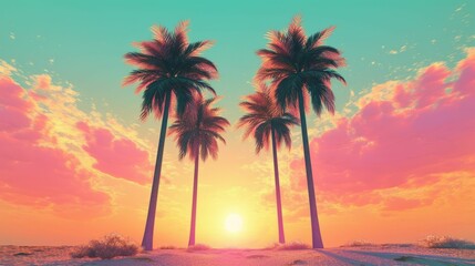 Wall Mural - idyllic beach scene with tropical palm trees silhouetted against a vivid sunset, ai-generated.