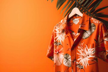 Poster - AI generated illustration of a tropical shirt on a vibrant orange background with fern branches