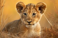 AI Generated Illustration Of An Adorable Lion Cub Perched In Tall Grass