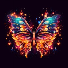 AI Generated Illustration Of A Glowing Butterfly On A Dark Background, With Colorful Swirls