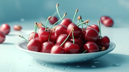 Canvas Print - AI generated illustration of a white bowl filled with freshly harvested cherries