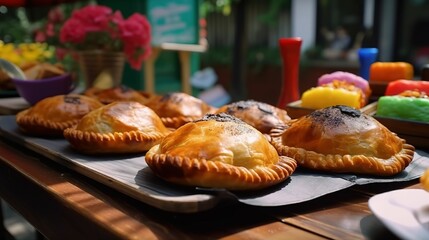 Sticker - AI generated illustration of a warm plate of freshly-baked empanadas on classic wooden dinner table